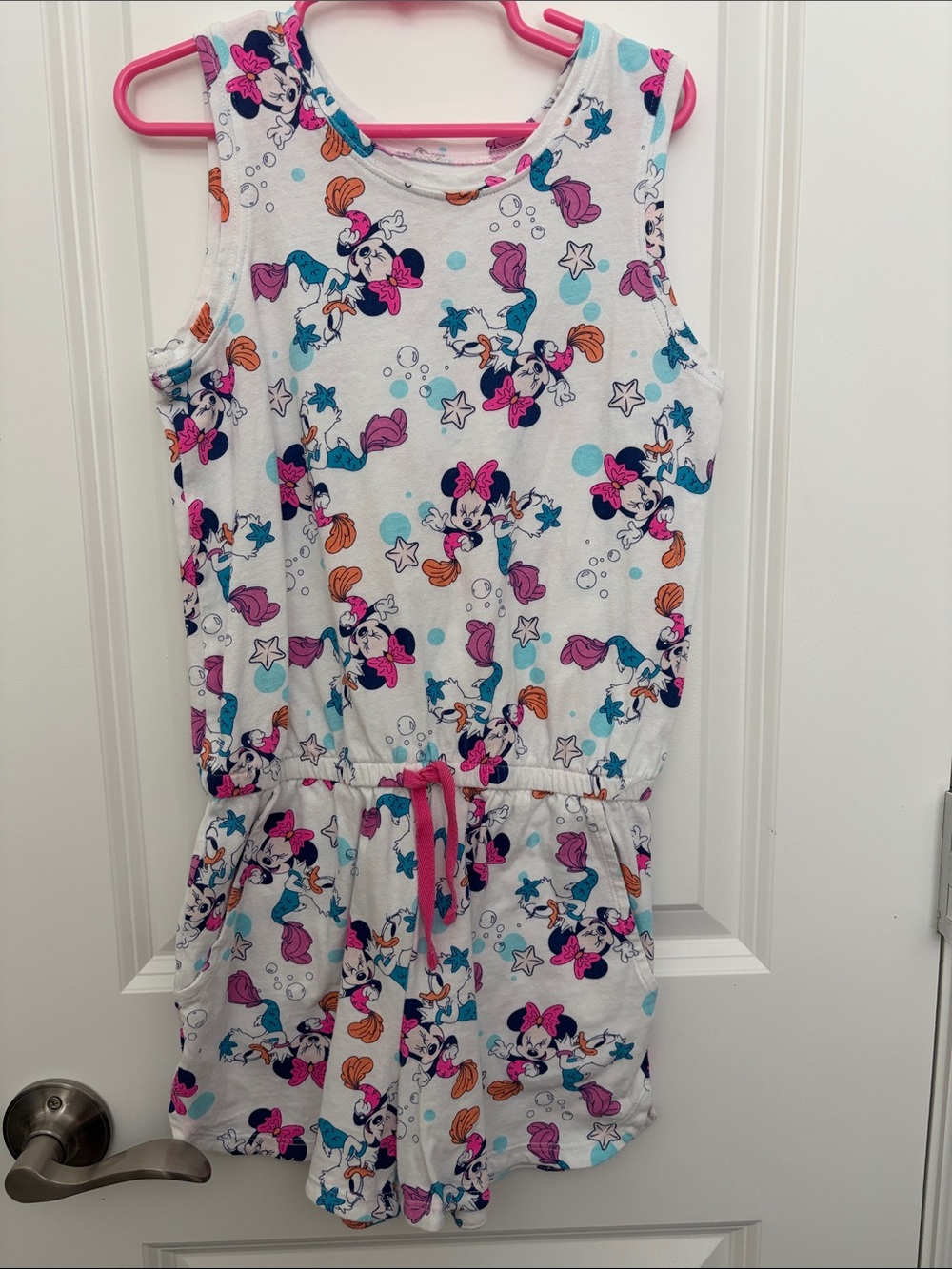 Disney White Minnie Mouse Sleeveless Pajama Romper with Pink & Teal Accents